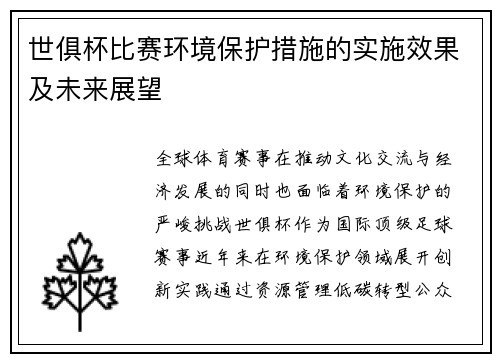 世俱杯比赛环境保护措施的实施效果及未来展望